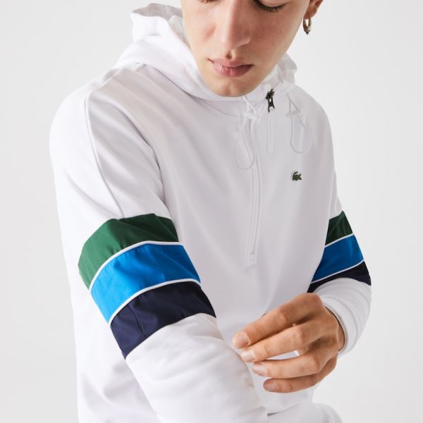 Lacoste SPORT Hooded Colorblock Fleece Sweatshirt - Mikiny Pánské Bílé / Zelene / Blankyt / Tmavě Bl